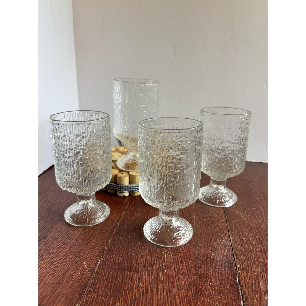 Vintage MCM Textured Bark Glass Goblets Set of 4 Clear Footed Water Wine Glasses